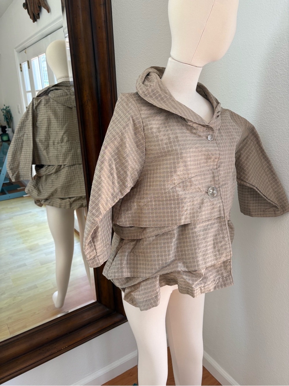 Women’s Layered Hooded Blazer Jacket in Taupe Plaid - Picture 2 of 6